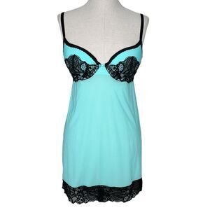 Victoria's Secret Push Up Bra Nightie sz 34B * Aqua Black Lace Sleep Night Dress